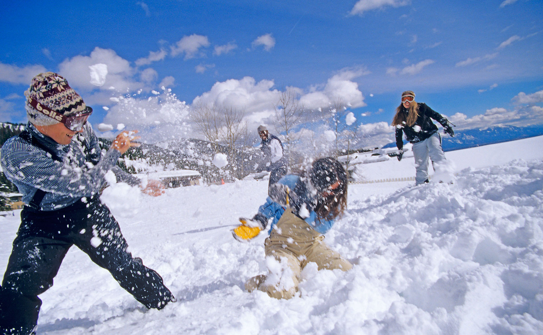Snowball fight at the village area of Whitefish Mountain resort in Montana